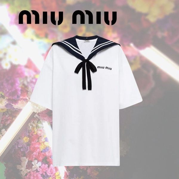 ☆大人気☆【MIU MIU コピー】セーラー プリント コットン Tシャツ MJN3091ZFYF0009