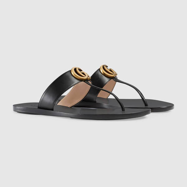 2019新作限定 グッチスーパーコピー ダブルG付 レザー トングサンダル LEATHER THONG SANDAL WITH DOUBLE G_497444 A3N00 1000